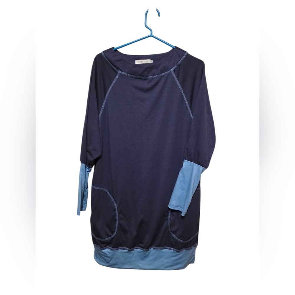 MissLook Contrasting Blues Casual Raglan Long Sleeve Dress Size S
